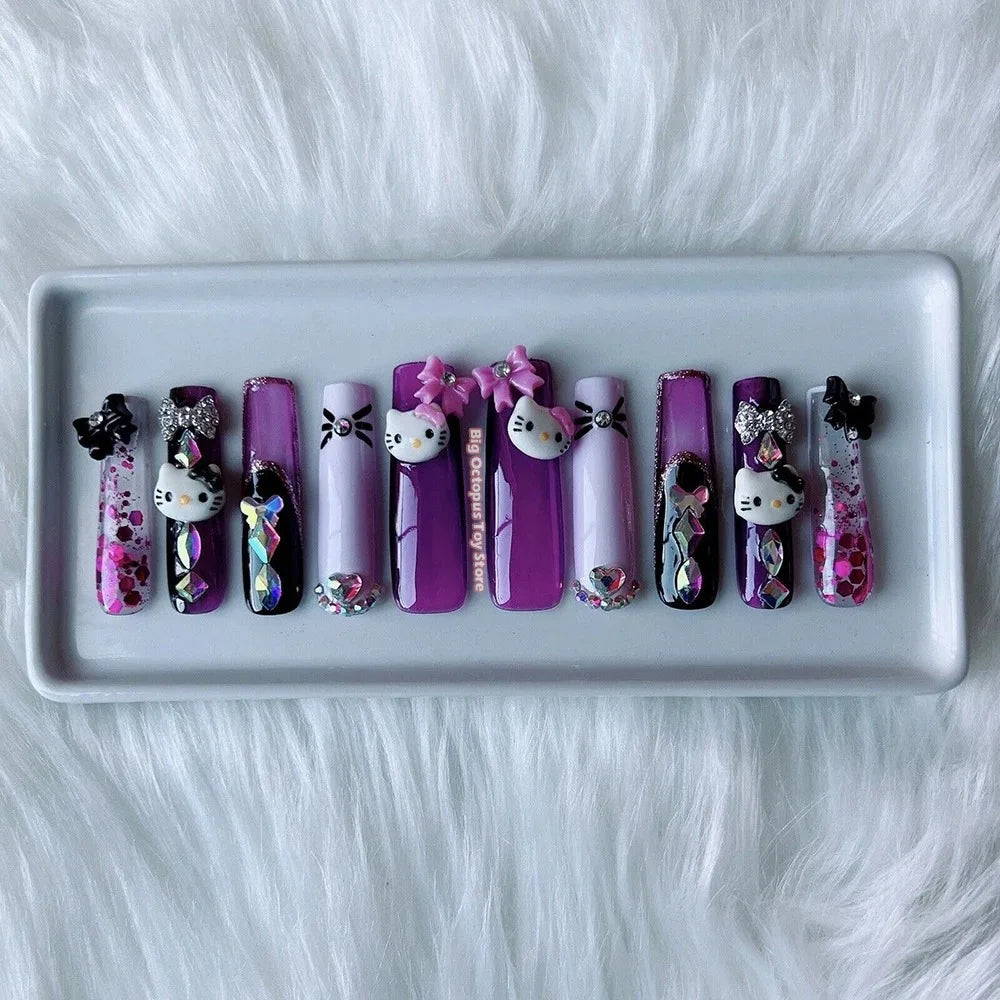 Xxl Euro-Americaen Long Square Cartoon Fake Nails Hello Kitty Mymelody Kuromi Luxury Diamond Handmade Nail Tips Party Sticker