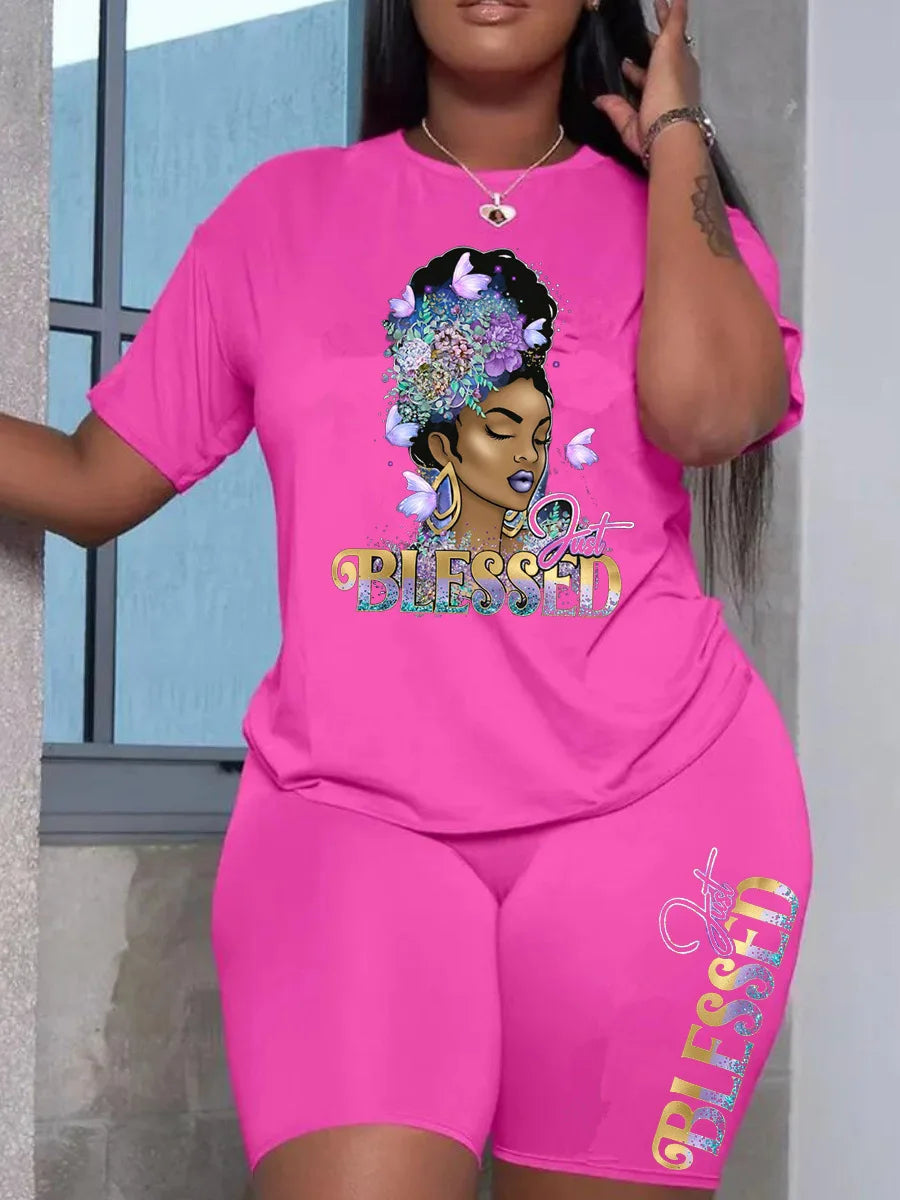 Summer Women Printing Casual T-Shirt Y2k Graphics Top Shorts Set Femme Short Sleeve Two Pieces Set Lady Daily Streetwear Outfits