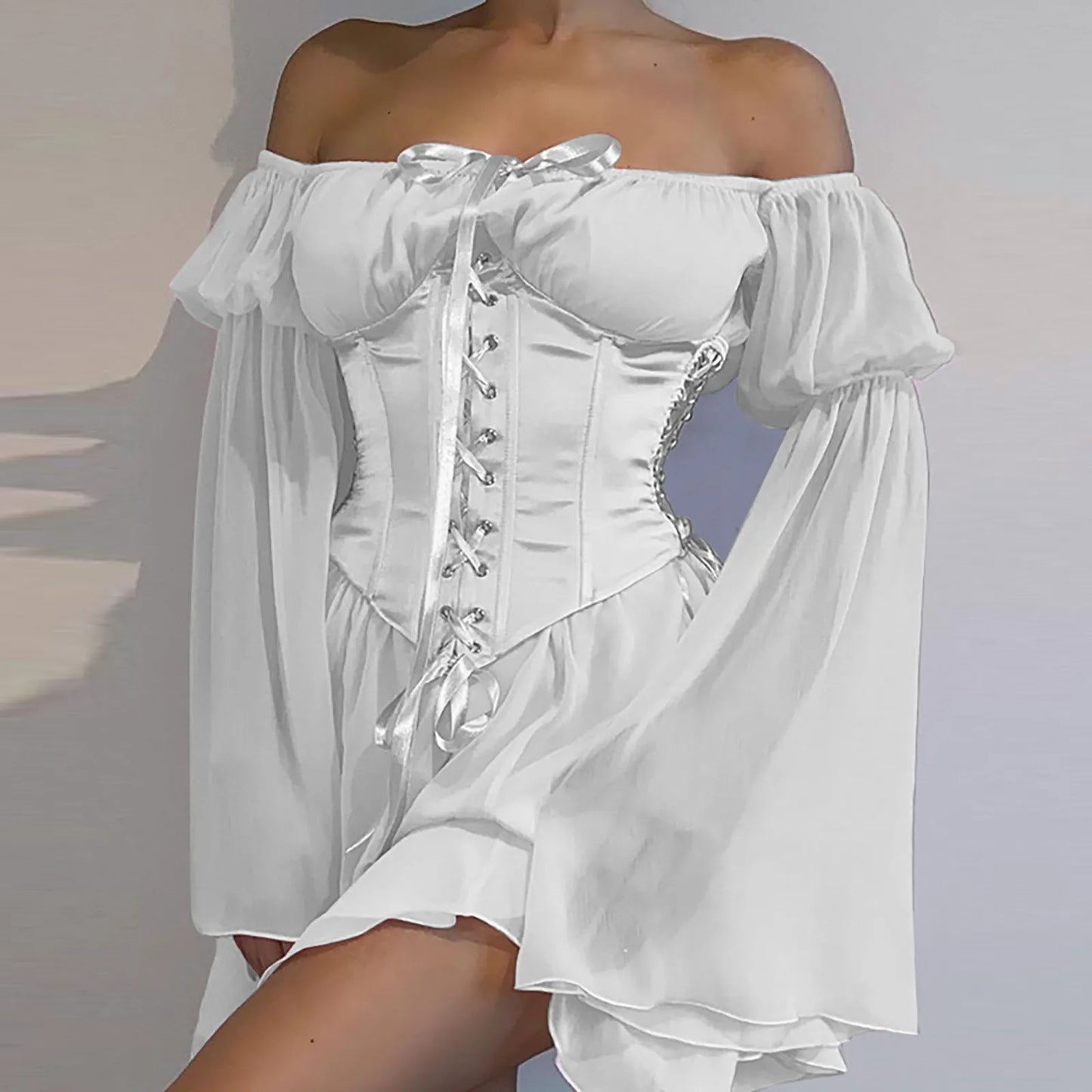 Summer Dresses For Women Plus Size Off Shoulder Flare Sleeve Dress Lace Up Corset Solid Flowy Mini Dress vestidos de mujer