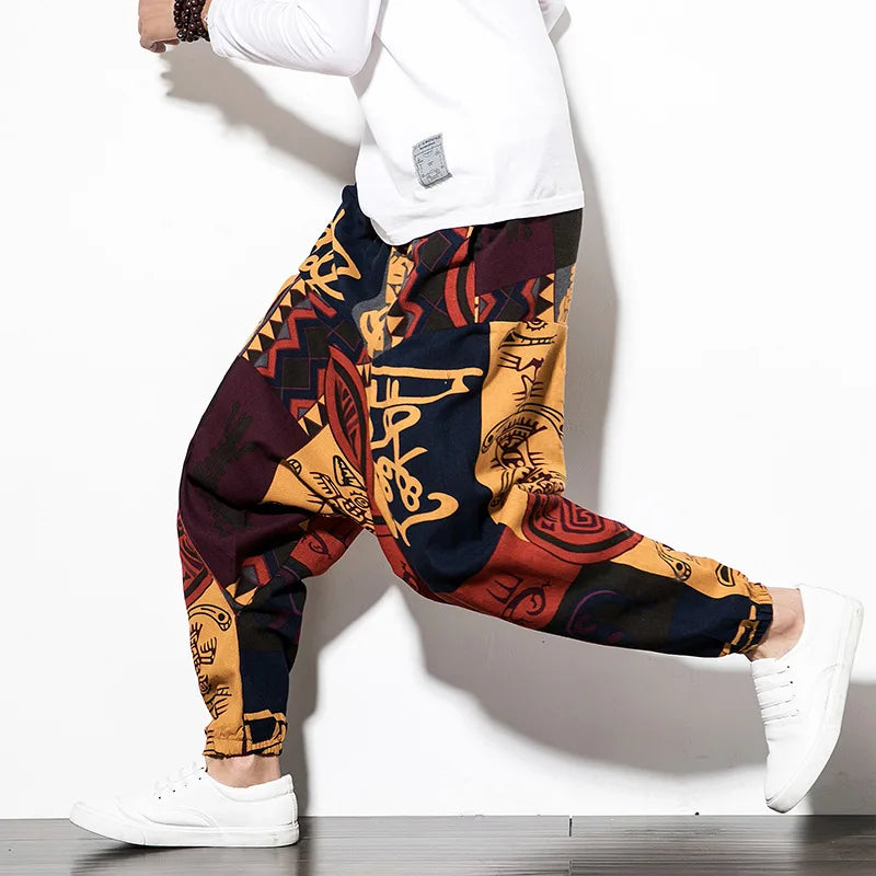 Cotton Linen Harem Pants Men Elastic Waist Streetwear Floral Joggers 2023 New Baggy Drop-crotch Pants Casual Trousers Men