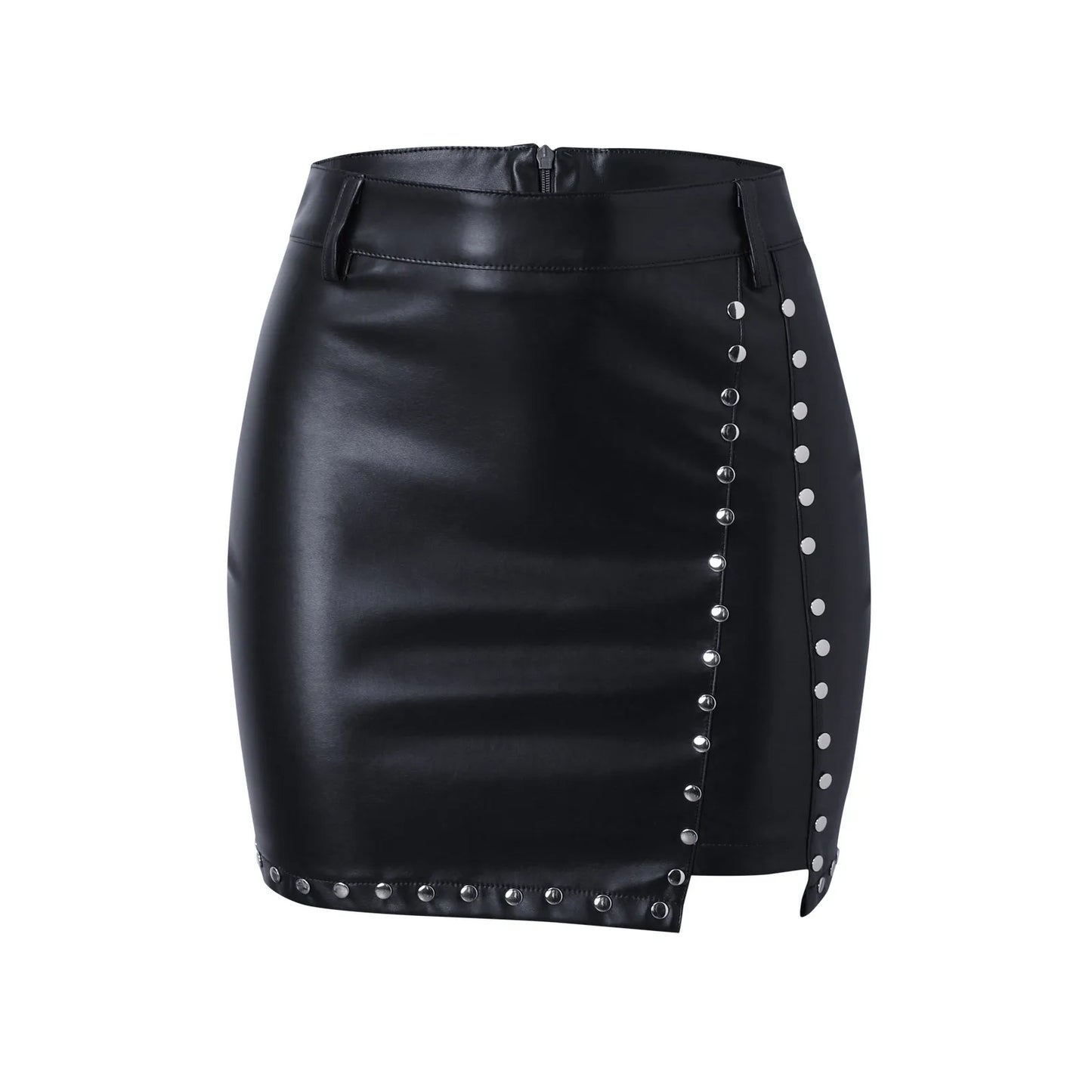 Sexy Girl Black PU Leather Mini Skirts Women High Waist Bodycon Front Split Studded Elegant Short Skirt Spring Autumn Streetwear
