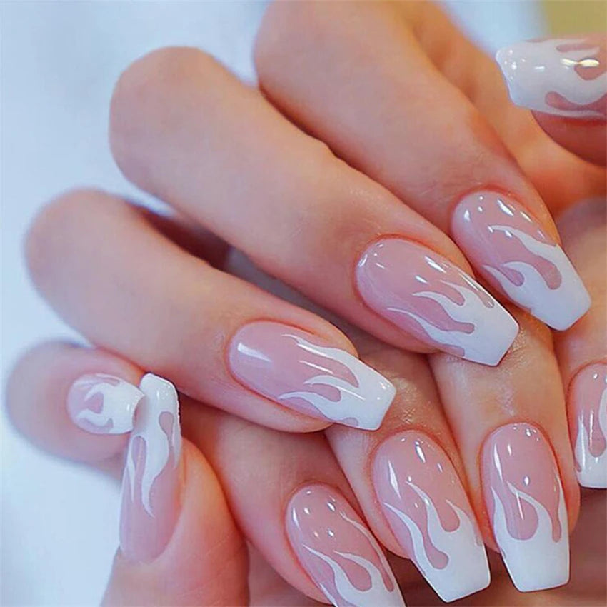 24Pcs/Set Press on Nails Gradient Point Drill Ballet Wearing False Nails Long French Stick on Nail Artificial Acrylic Fake Nails