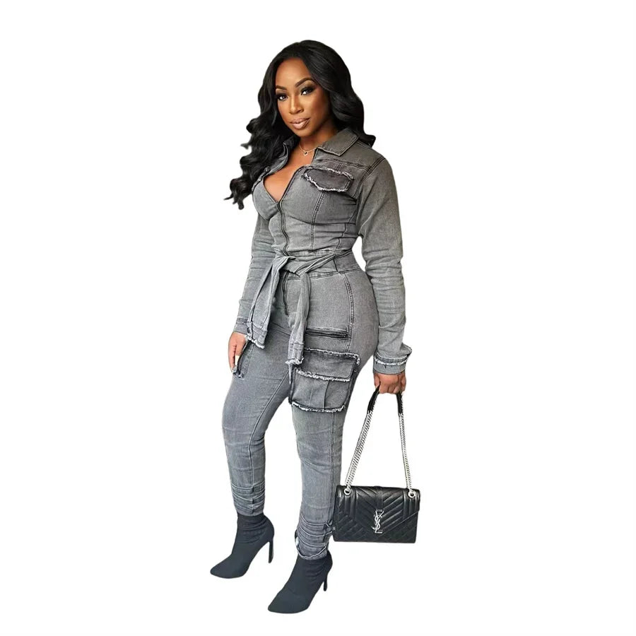 Autumn New Half Zipper Lace-up Denim Jumpsuit Women's Fashion Long Sleeve Elastic Slim Raw Trim Pocket Cargo Pants