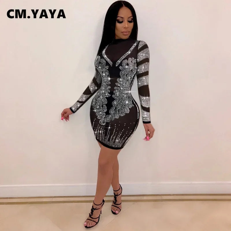 CM.YAYA Hot Rhinestones Patchwork Mesh Midi Bodycon Dress Women Sexy Club Party Nightwear Long Sleeve Mini Dresses