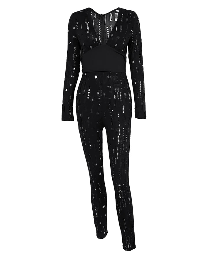 Autumn Fashion Women's Long Sleeve Jumpsuit with Tribal Pattern and Mesh Patch European and American Style for Ladies