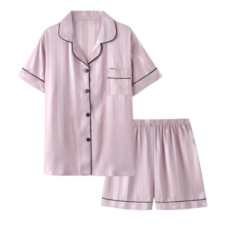 Womens Silk Satin Pajamas Set 2024 Short Sleeve Two-piece Pajama Sets Striped Sleepwear Female Loungewear Button-Down pyjamas