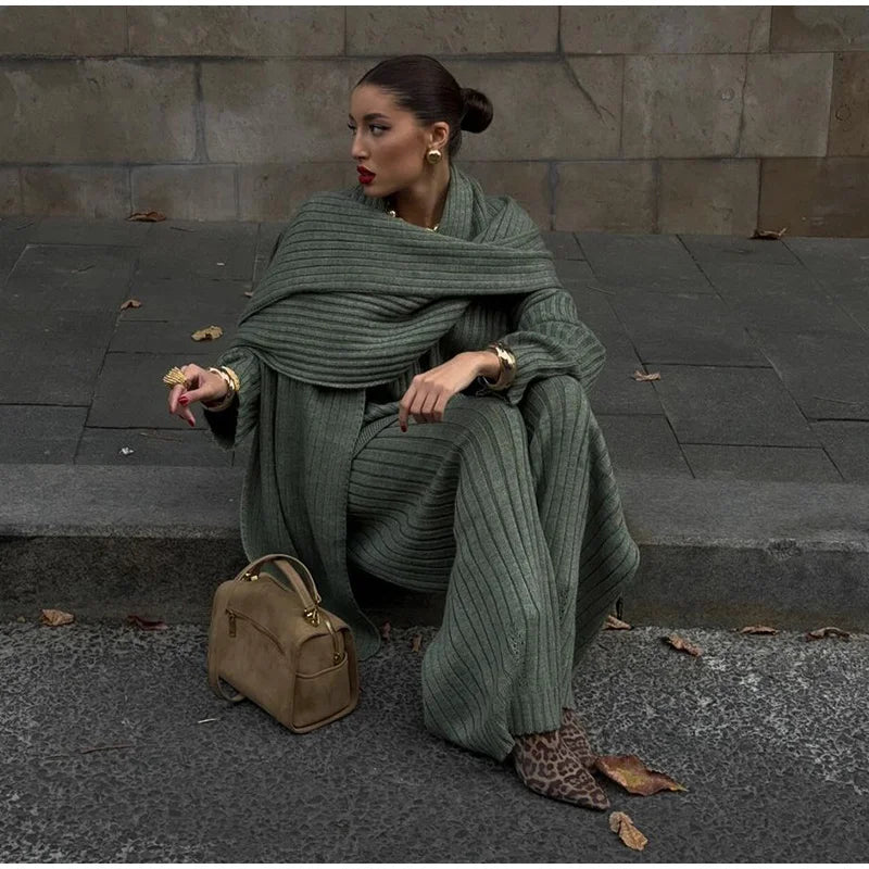 Oversize Knitted Women's Set V-Neck Full Sleeve Scarf Pullover Long Trousers Casual Loose Lady Suit for Autumn