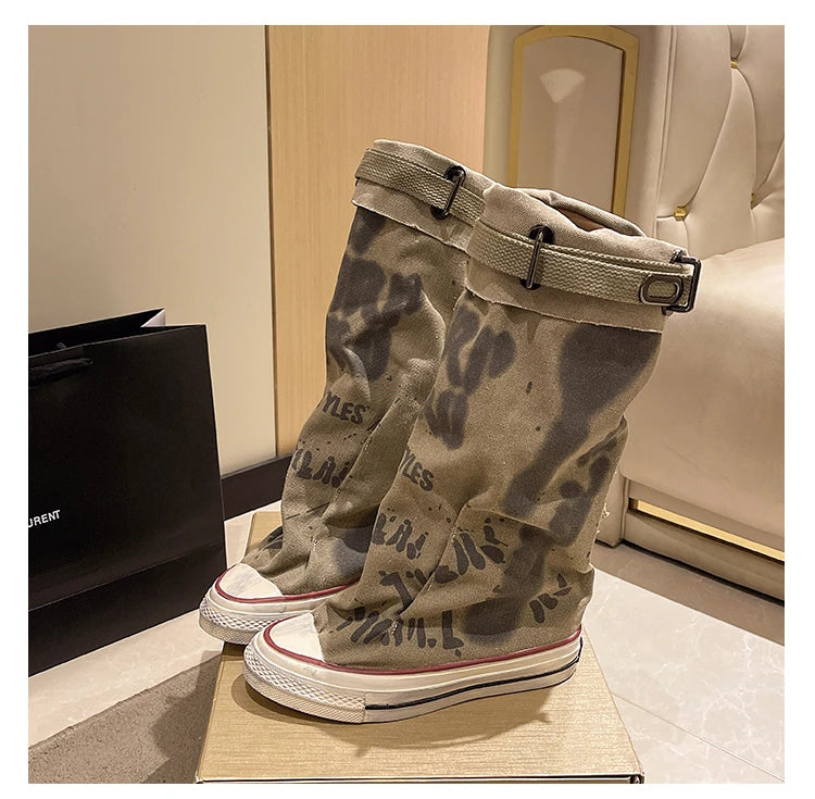 Women's Spring Graffiti High Canvas Boots Round Head Middle Follow Anti-slip Boots Women Leisure Fashion Rubber Sole Botas Mujer
