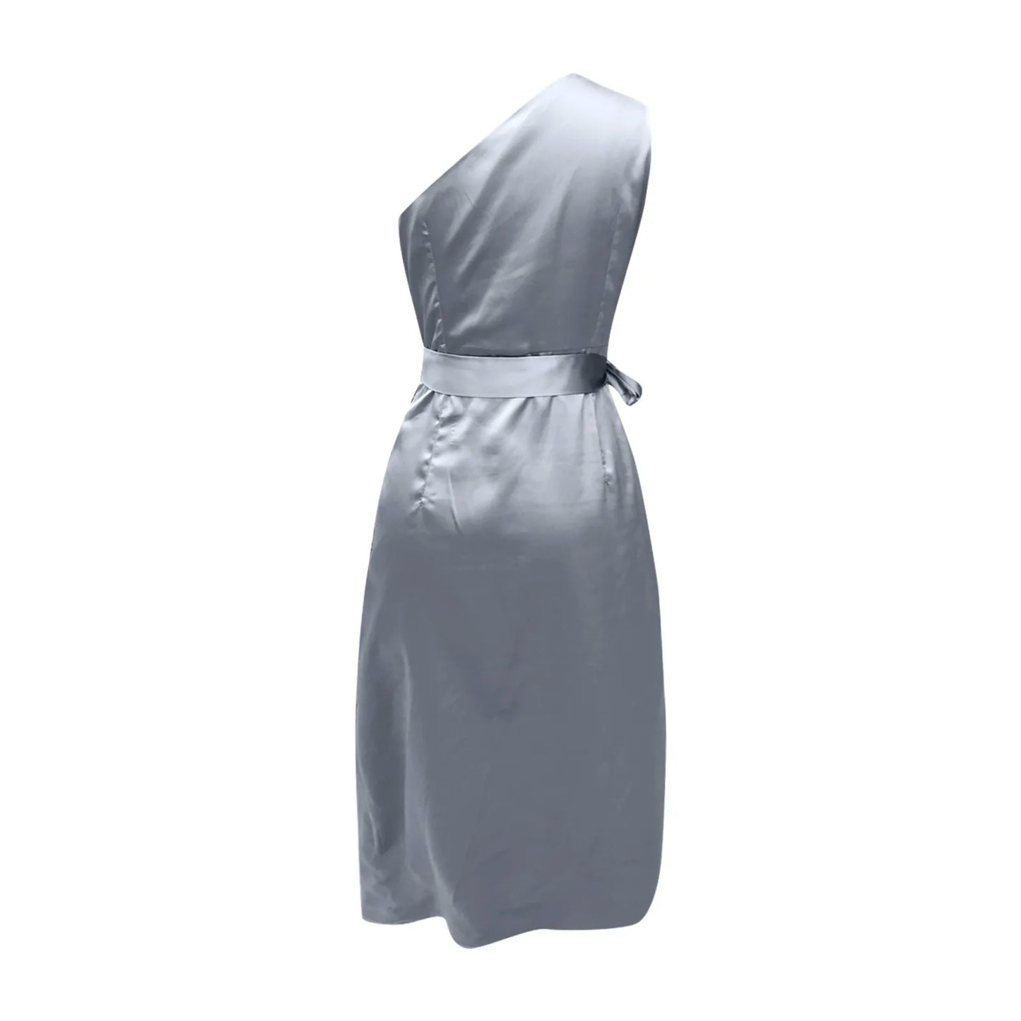 Women Prom Cocktail Dresses Sexy Solid One Shoulder Ruched Slit Belted Waist Dress Sleeveless Formal Occasion Dresses 원피스