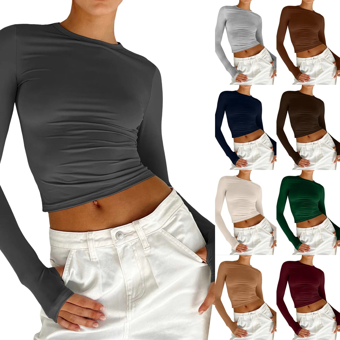 Women's Spring Fall Casual Slim Fit Basic Crop Tops Solid Long Sleeve Crew Neck Pullover Tight Tee Shirts Show Navel T-Shirt Y2K