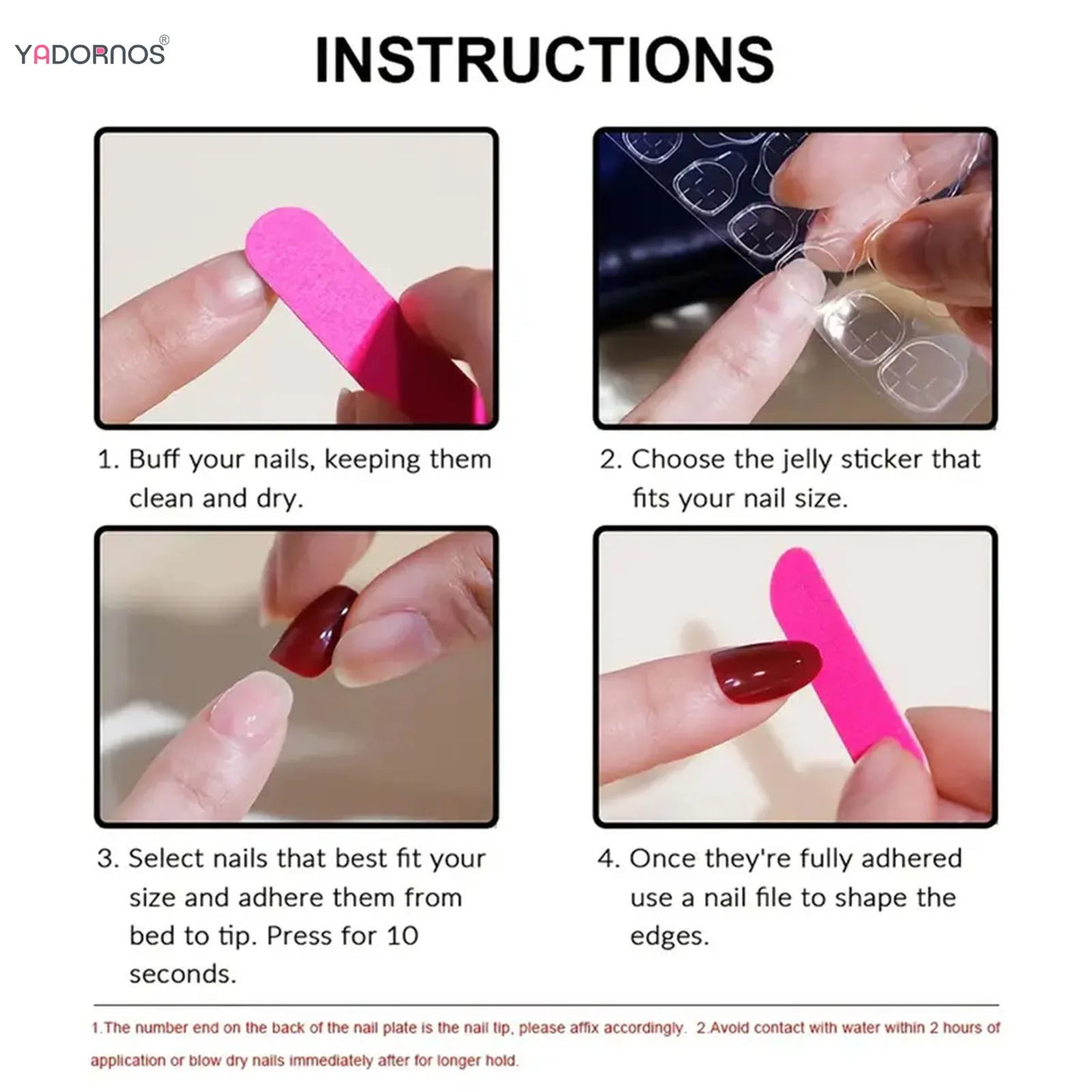 Step-by-step nail application instructions with photos: buff nails, apply jelly sticker, press-on nail, file edges.