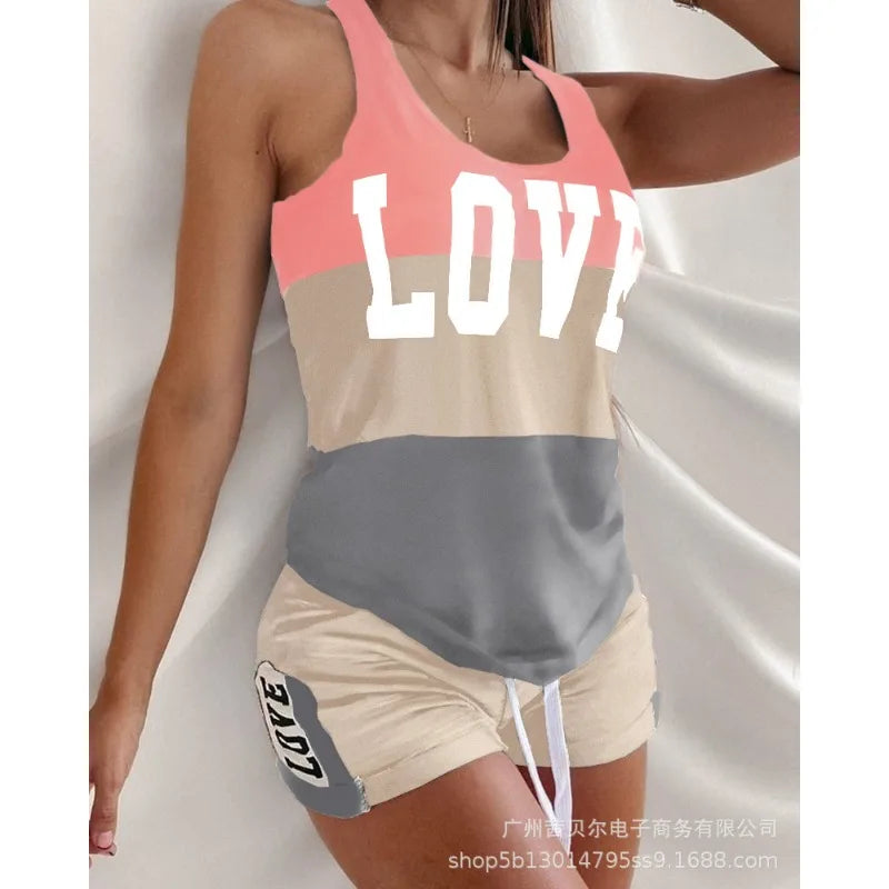 Women's Sleeveless Vest Top Drawstring Mid Waist Shorts Two-Piece Set 2024 New Eye Catching lounge wear