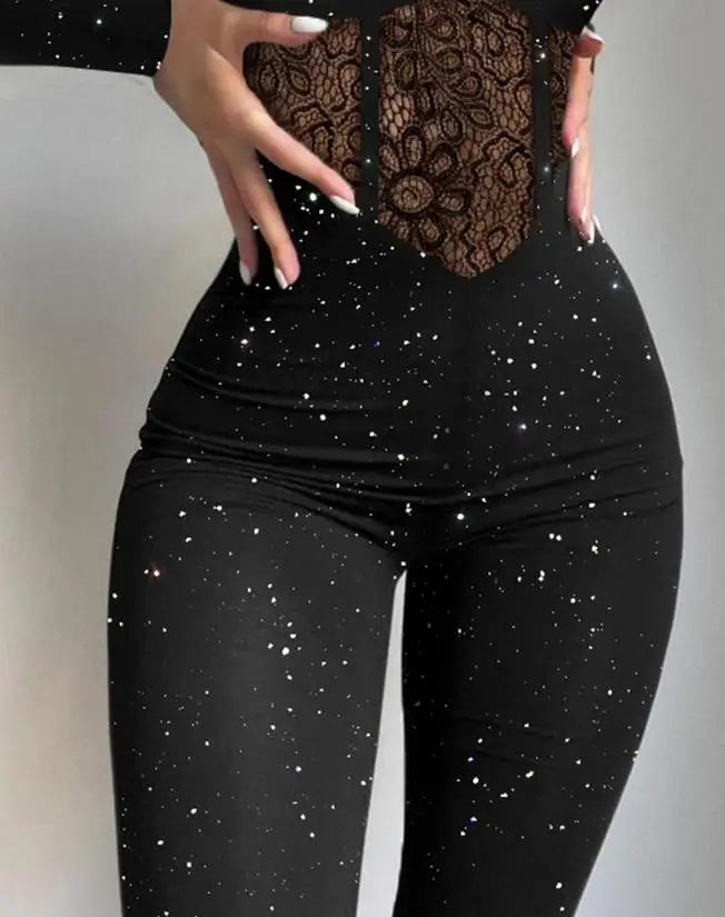 Autumn Fashion Women's Long Sleeve Jumpsuit with Tribal Pattern and Mesh Patch European and American Style for Ladies