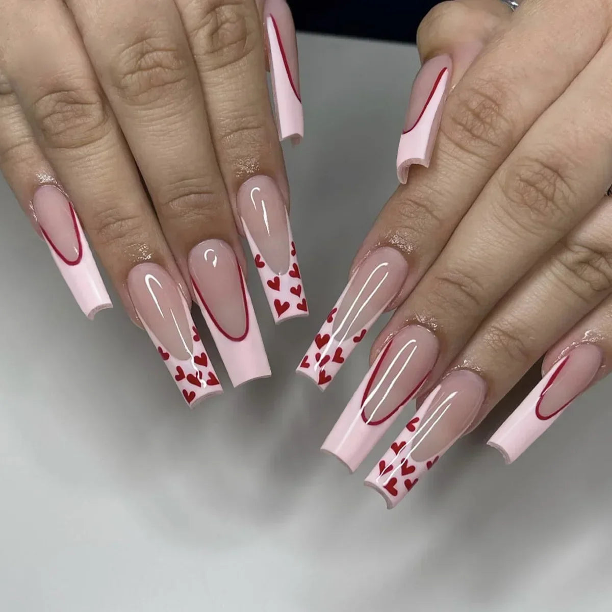 24Pcs Shimmery Long Coffin False Nails with Glue Ballerina Nail Design Sweet Fashion French Press on Acrylic Nails Manicure Tips