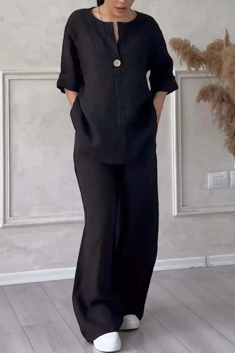 Comfortable Loose Cotton Linen Women's two pieces set Top Wide Leg Pants Casual Fashion Set Suits Spring Summer Wear Outfits