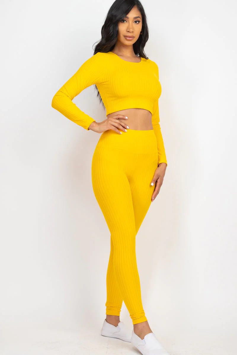 Ribbed Long Sleeve Crop Top and Leggings Set - CAPELLA