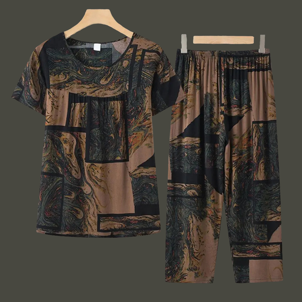 Two Piece Suit T-shirt Pants Set O Neck Colorful Flower Print Night Clothes Sleeping