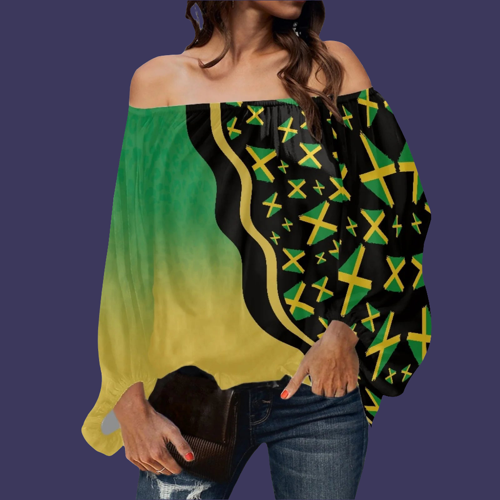 Off-The-Shoulder Long Skirt for Ladies with Big Front Jamaica Flag Print Puff Sleeves Tailor-Made Eye-Catching Design