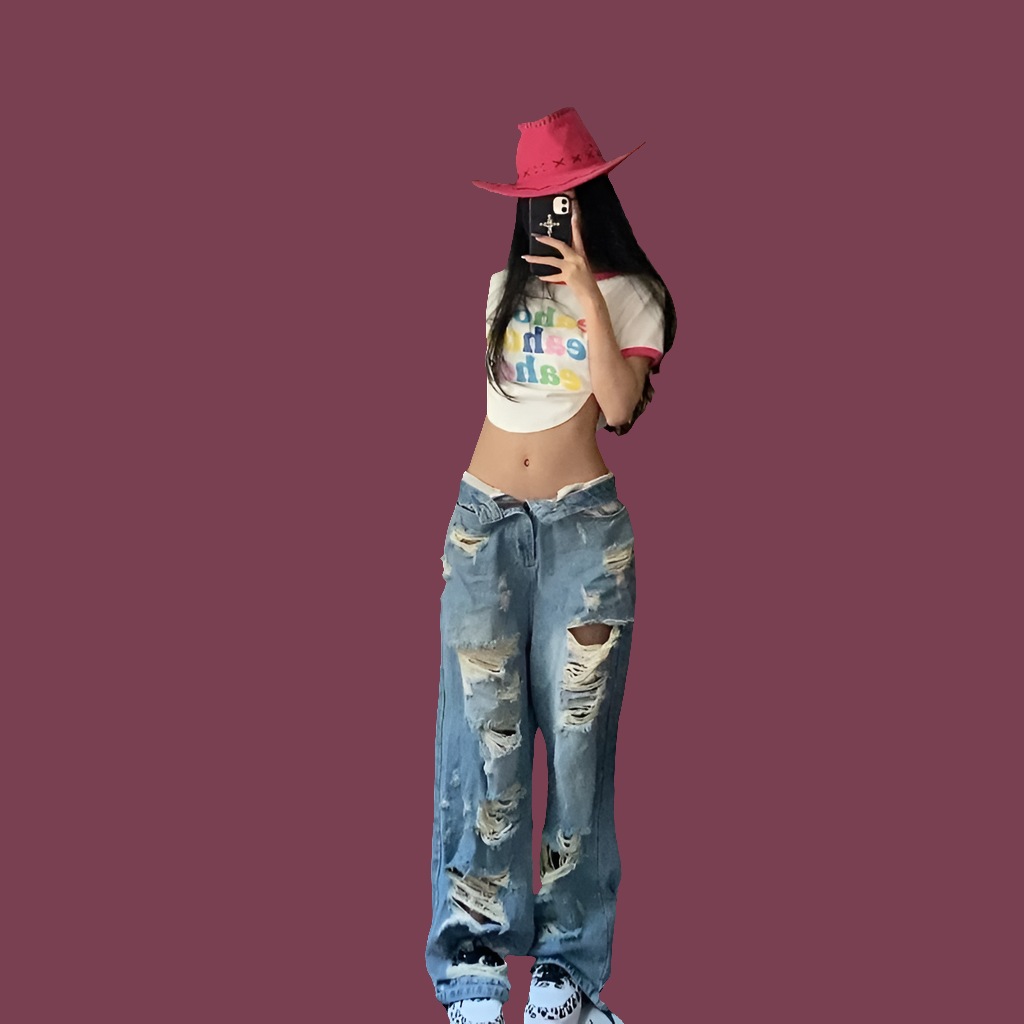 Baggy Ripped Jeans Women Low Rise Gyaru Wide Denim Pants Streetwear Fashion Jeans