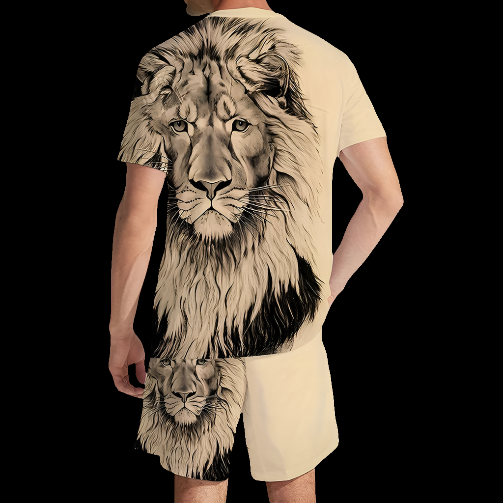 Plus Size 3D Lion Print Men's Cool T-shirt Shorts Set For Sports fitness Summer Street Style Oversized Graphic 2Pcs Men Clothing