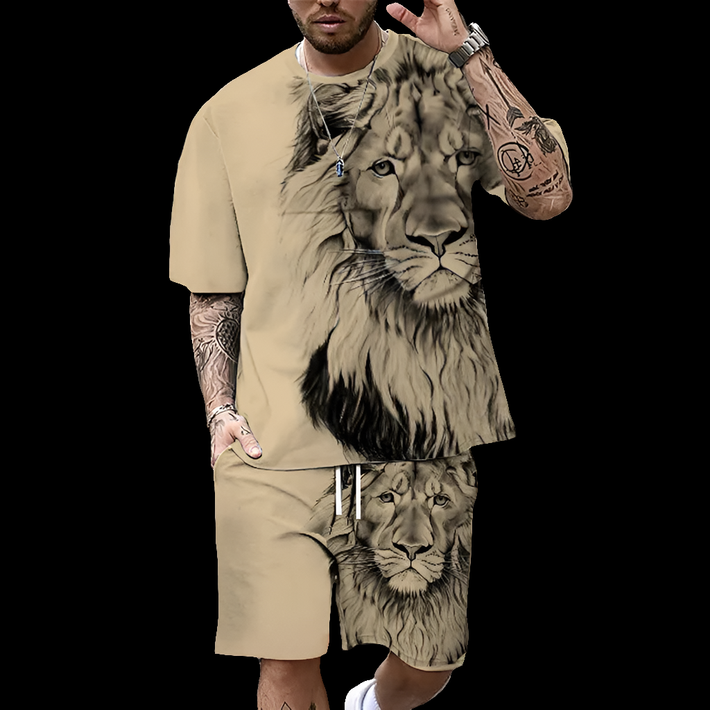 Plus Size 3D Lion Print Men's Cool T-shirt Shorts Set For Sports fitness Summer Street Style Oversized Graphic 2Pcs Men Clothing