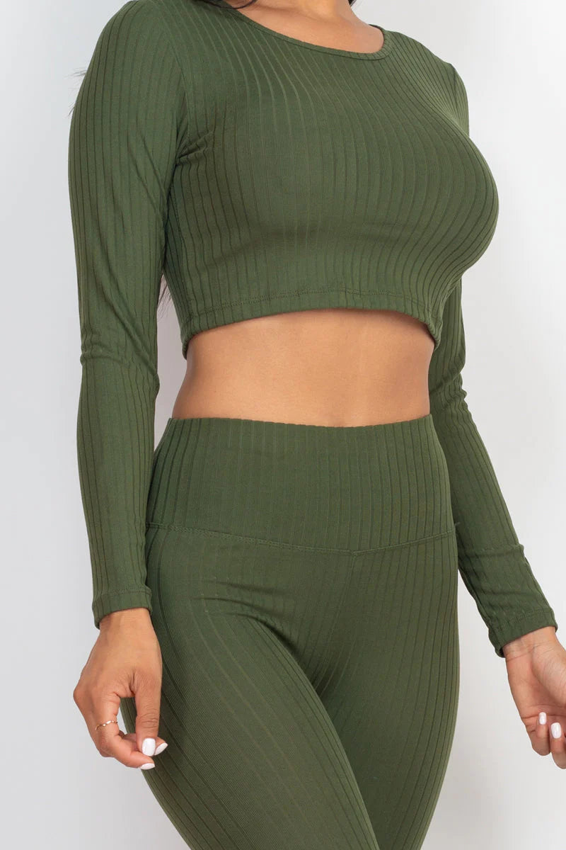 Ribbed Long Sleeve Crop Top and Leggings Set - CAPELLA