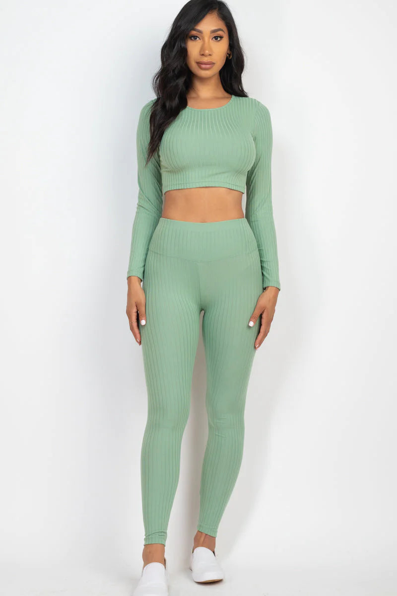 Ribbed Long Sleeve Crop Top and Leggings Set - CAPELLA