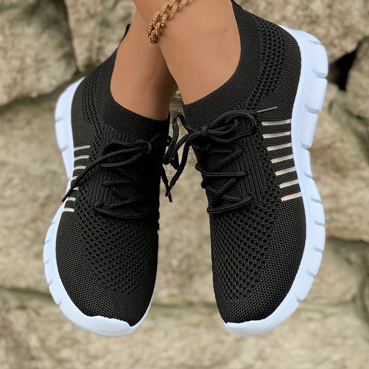 Women's Breathable Lightweight Knit Sneakers Low-Top Lace-Up Fabric Upper PU Sole Casual Running Footwear