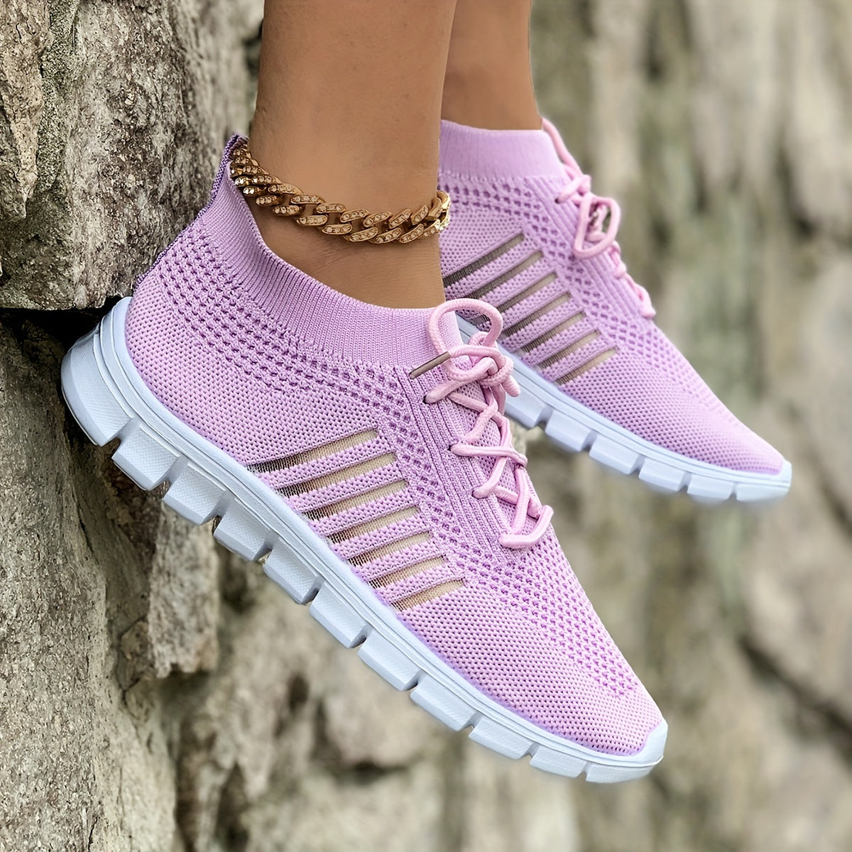 Women's Breathable Lightweight Knit Sneakers Low-Top Lace-Up Fabric Upper PU Sole Casual Running Footwear