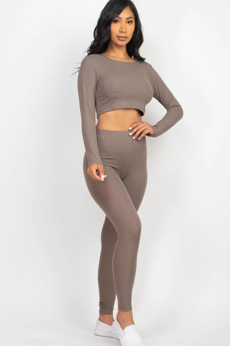 Ribbed Long Sleeve Crop Top and Leggings Set - CAPELLA