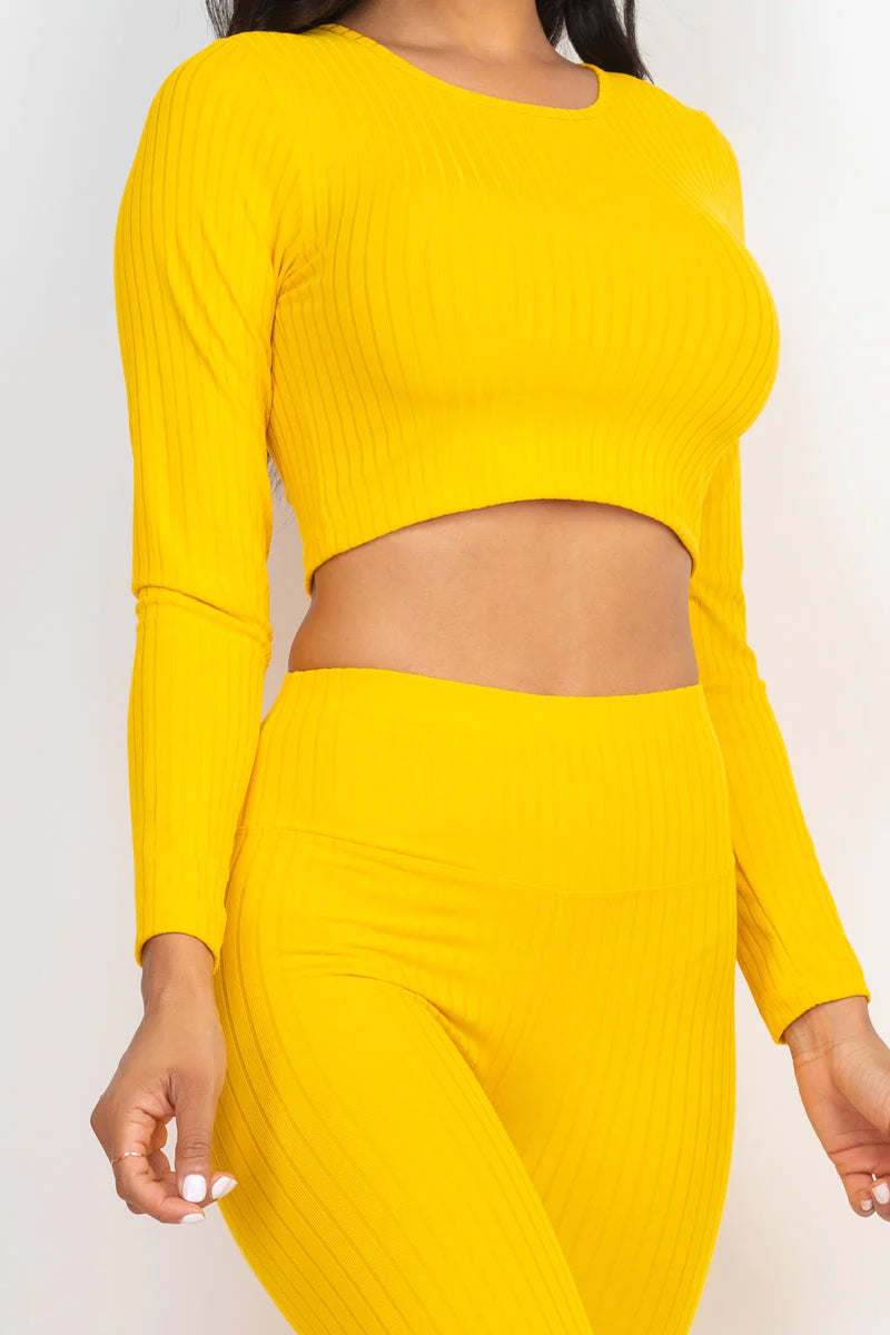 Ribbed Long Sleeve Crop Top and Leggings Set - CAPELLA