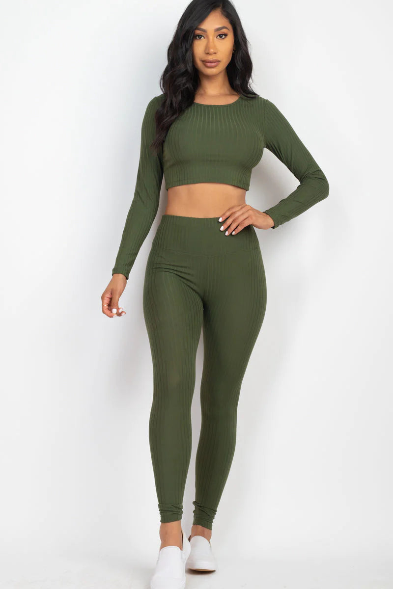 Ribbed Long Sleeve Crop Top and Leggings Set - CAPELLA