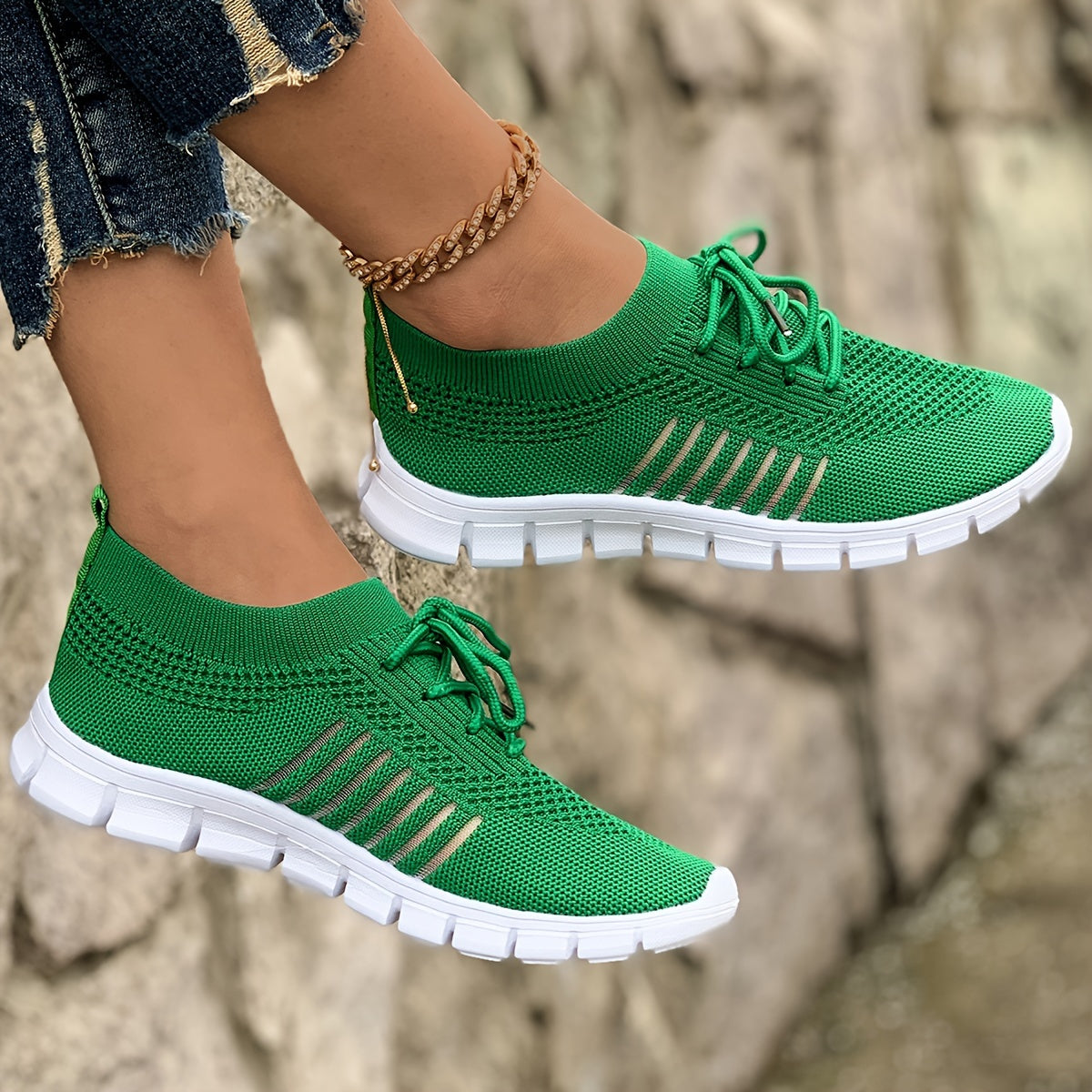 Women's Breathable Lightweight Knit Sneakers Low-Top Lace-Up Fabric Upper PU Sole Casual Running Footwear