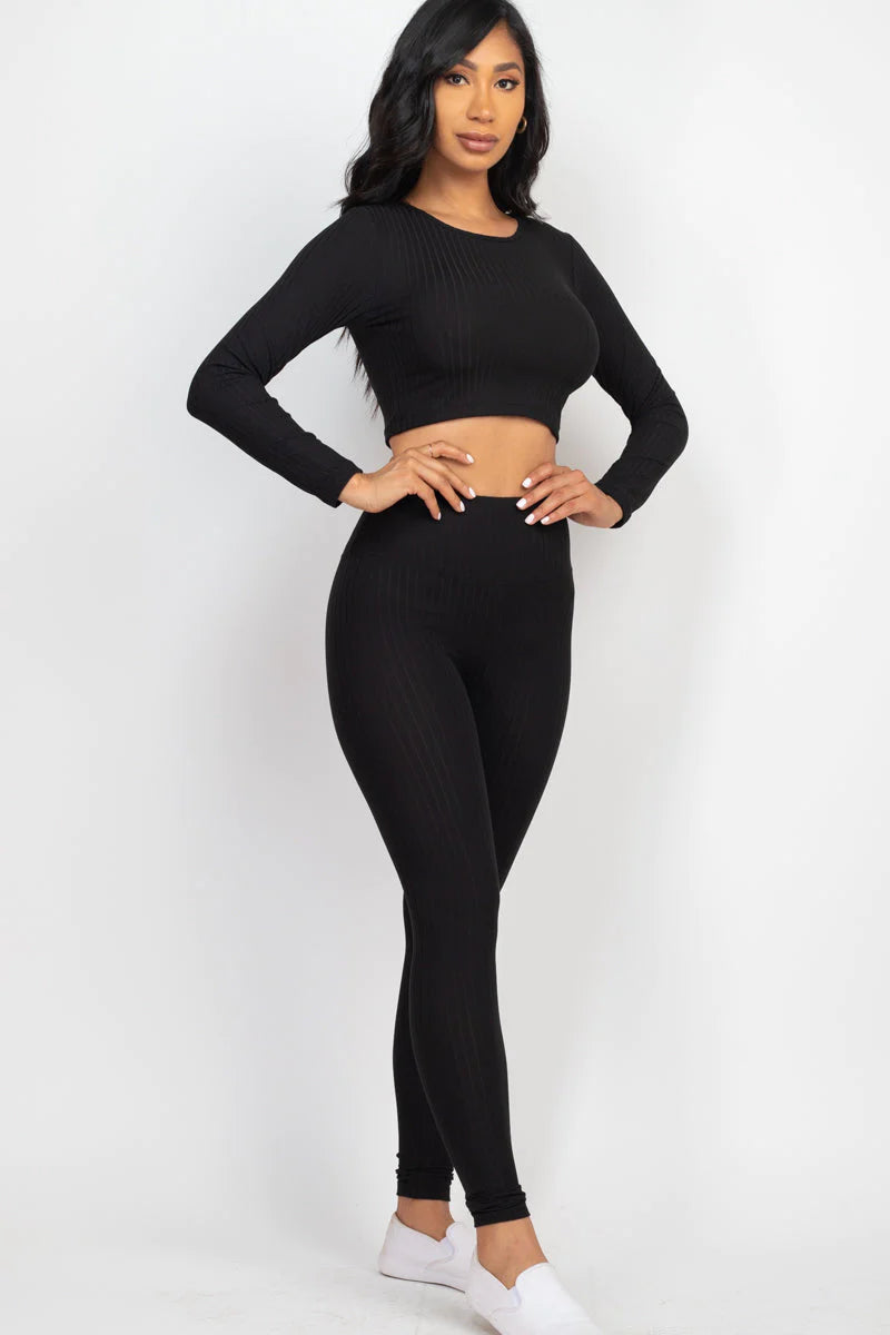 Ribbed Long Sleeve Crop Top and Leggings Set - CAPELLA