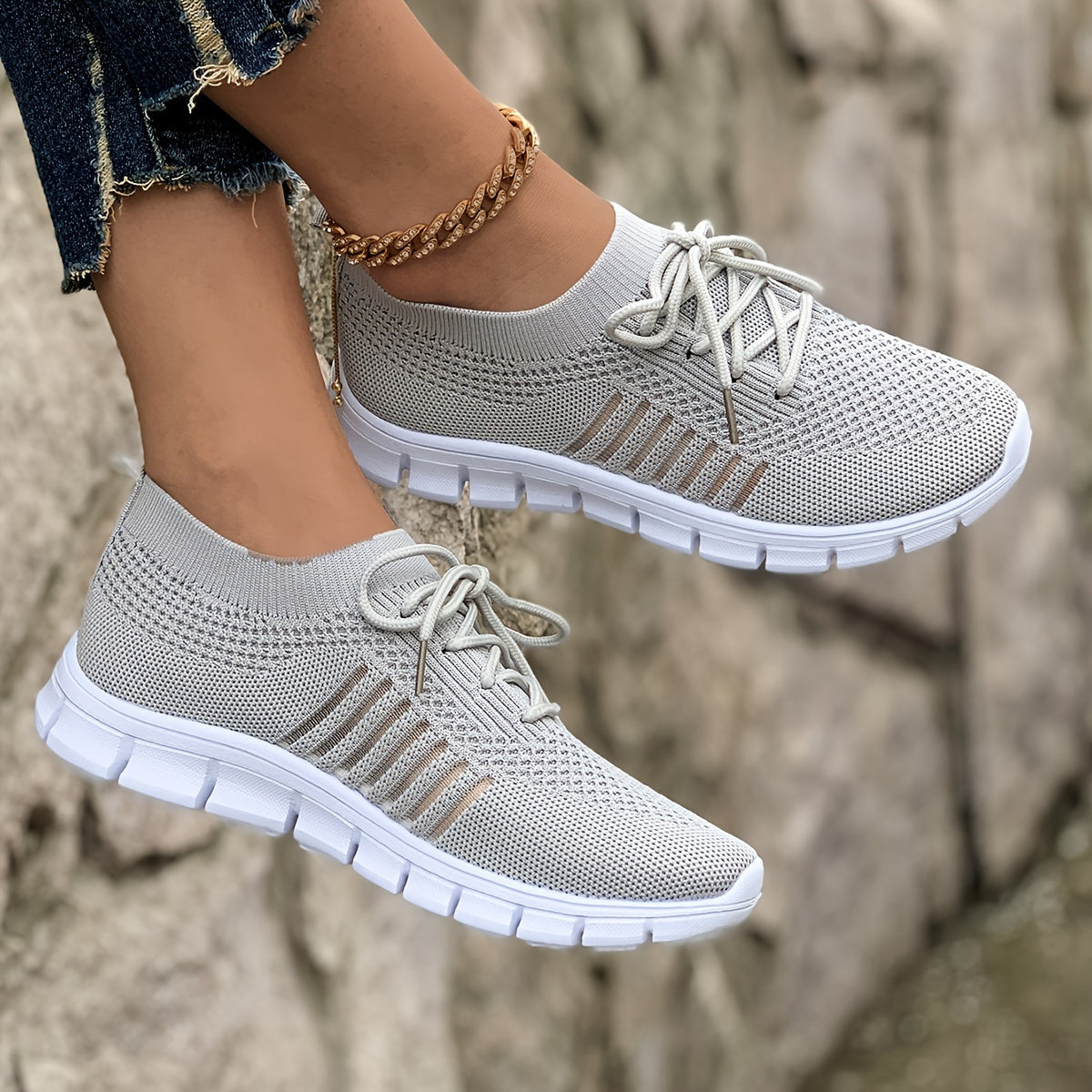 Women's Breathable Lightweight Knit Sneakers Low-Top Lace-Up Fabric Upper PU Sole Casual Running Footwear