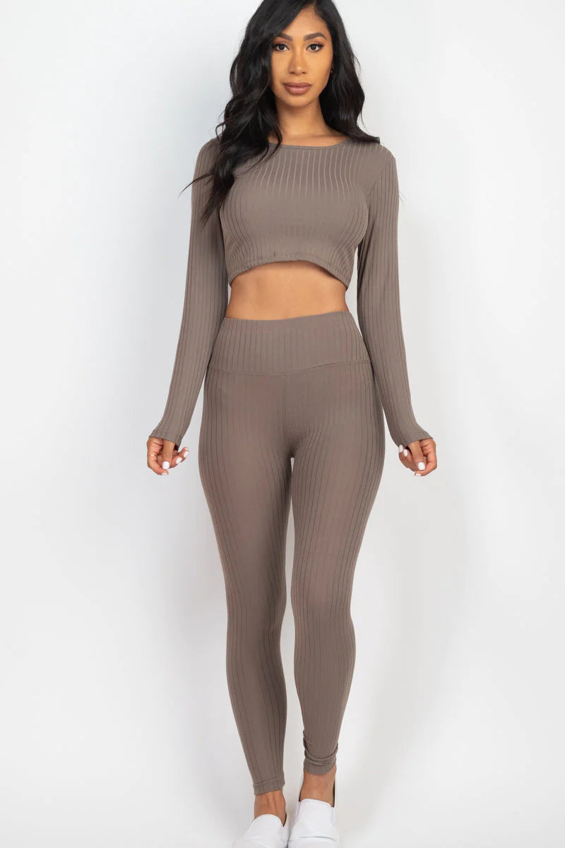 Ribbed Long Sleeve Crop Top and Leggings Set - CAPELLA