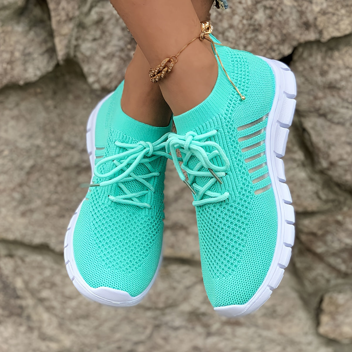 Women's Breathable Lightweight Knit Sneakers Low-Top Lace-Up Fabric Upper PU Sole Casual Running Footwear