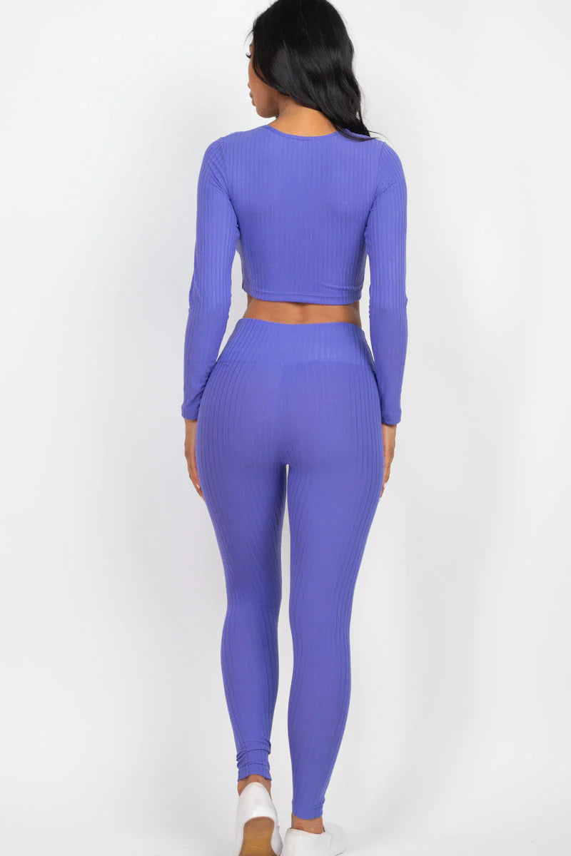 Ribbed Long Sleeve Crop Top and Leggings Set - CAPELLA