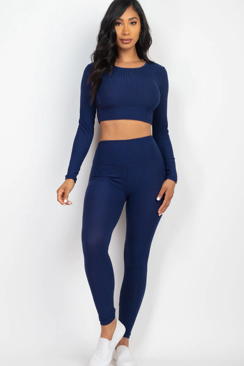Ribbed Long Sleeve Crop Top and Leggings Set - CAPELLA