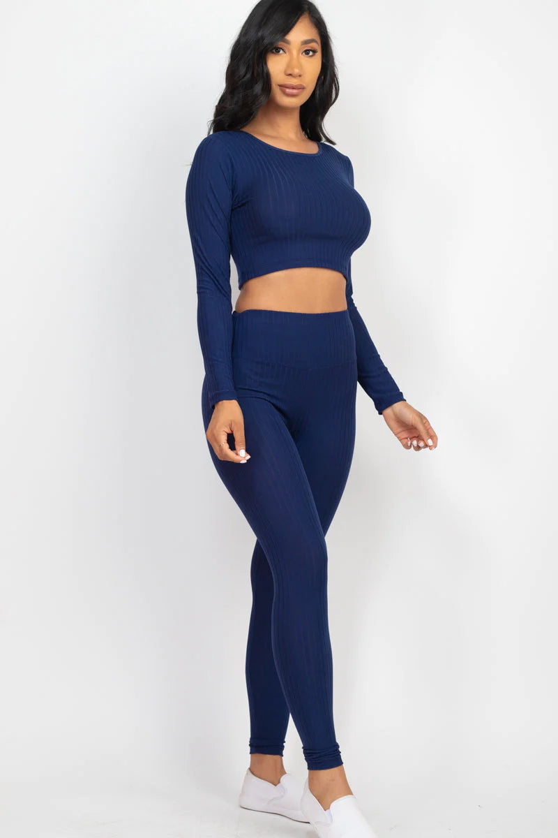 Ribbed Long Sleeve Crop Top and Leggings Set - CAPELLA