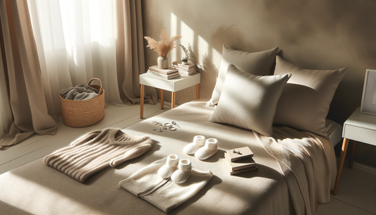 soft baby clothes and accessories on a cozy blanket in bright natural light