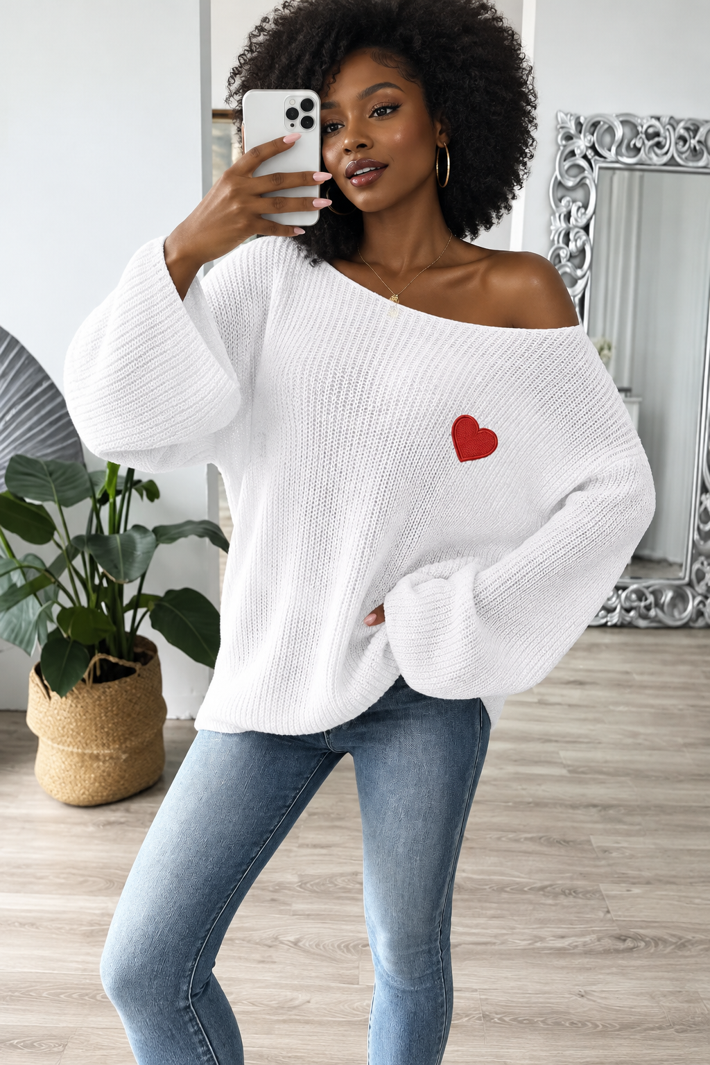 Lady's Crewneck Sweater Top, One-shoulder Off-shoulder Flared Sleeve with Heart Embroidery Applique Knitwear