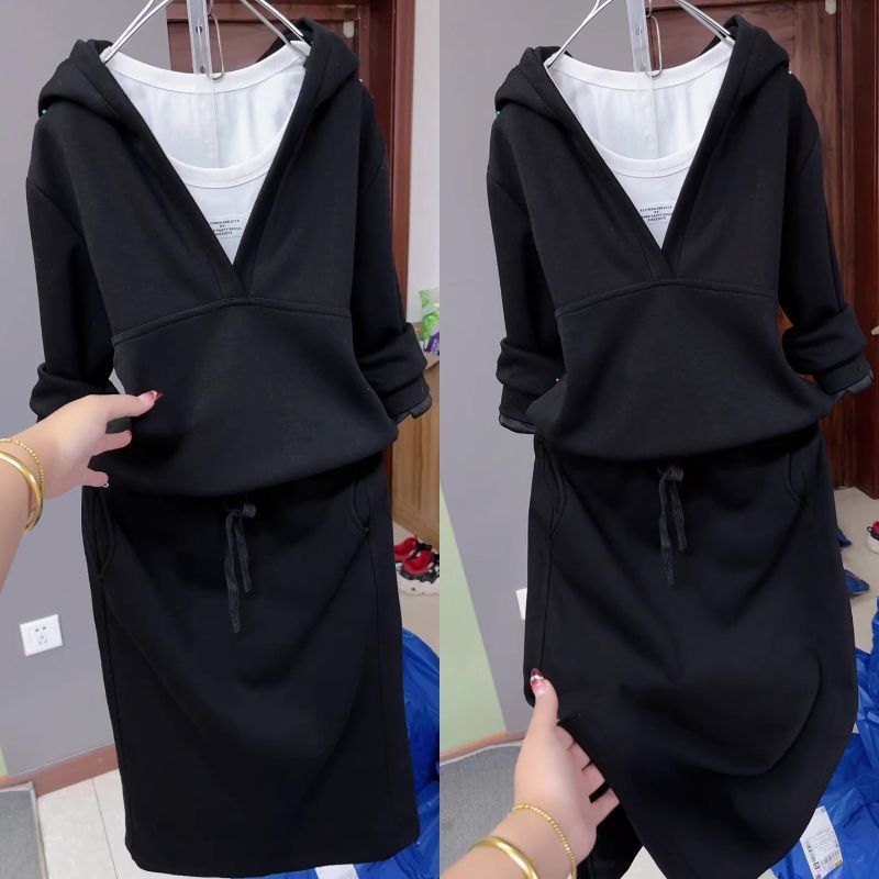 Casual Hooded Sweatshirt Dress Set for Women  Three-Piece Outfit, Slim-Fit Skirt, Autumn and Spring Season
