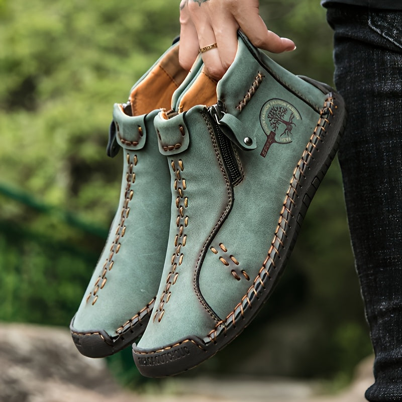 KEZZLY Men's Vintage Zipper Boots - Round Toe Short Ankle Boots with Rubber Sole, All-Season Casual & Sporty Shoes for Outdoor Activities