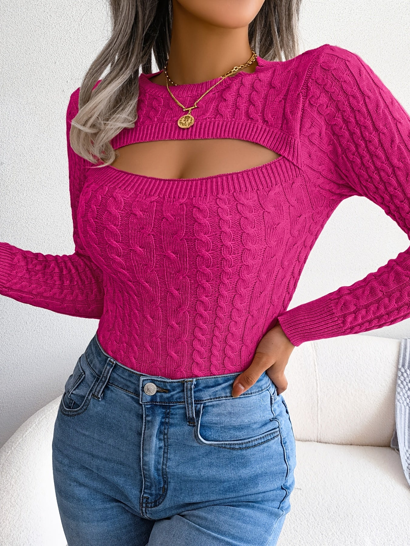 Women's Sexy Hollow-Out Knit Pullover Sweater Long Sleeve Crew Neck Skinny Fit Acrylic Blend High Stretch Solid Color Top for Spring/Fall