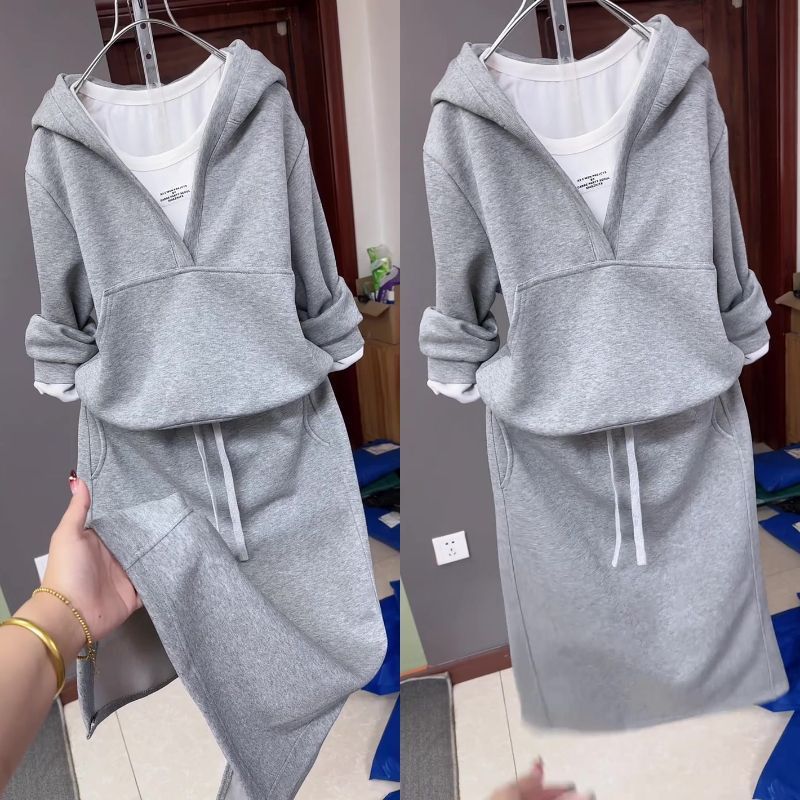 Casual Hooded Sweatshirt Dress Set for Women  Three-Piece Outfit, Slim-Fit Skirt, Autumn and Spring Season
