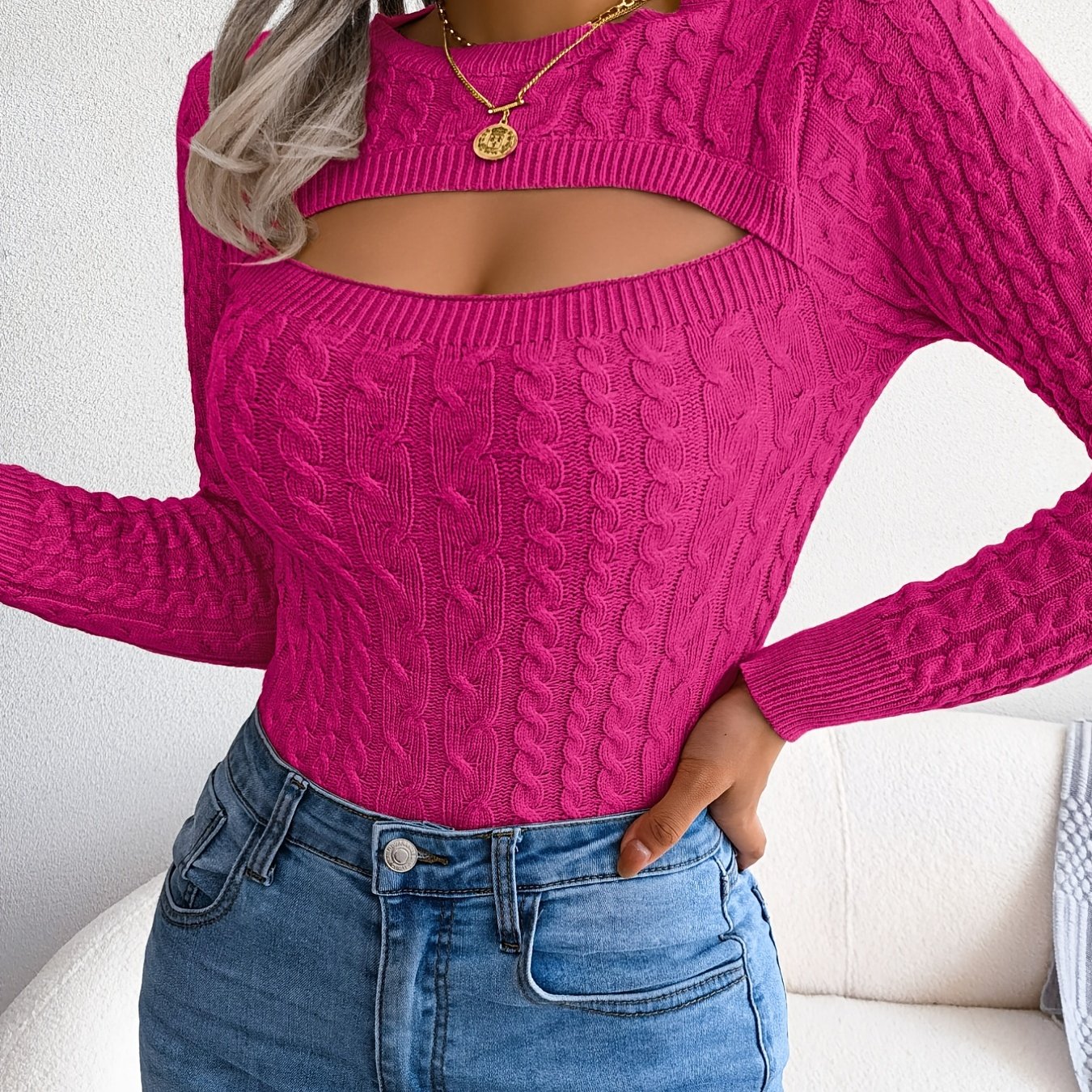 Women's Sexy Hollow-Out Knit Pullover Sweater Long Sleeve Crew Neck Skinny Fit Acrylic Blend High Stretch Solid Color Top for Spring/Fall