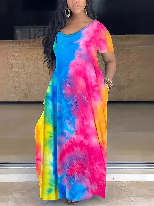 Elegant plus Size Tie Dye Maxi Dress Women's Short Sleeve V-Neck Long Dress with Pocket Medium Stretch Spring/Fall Wear