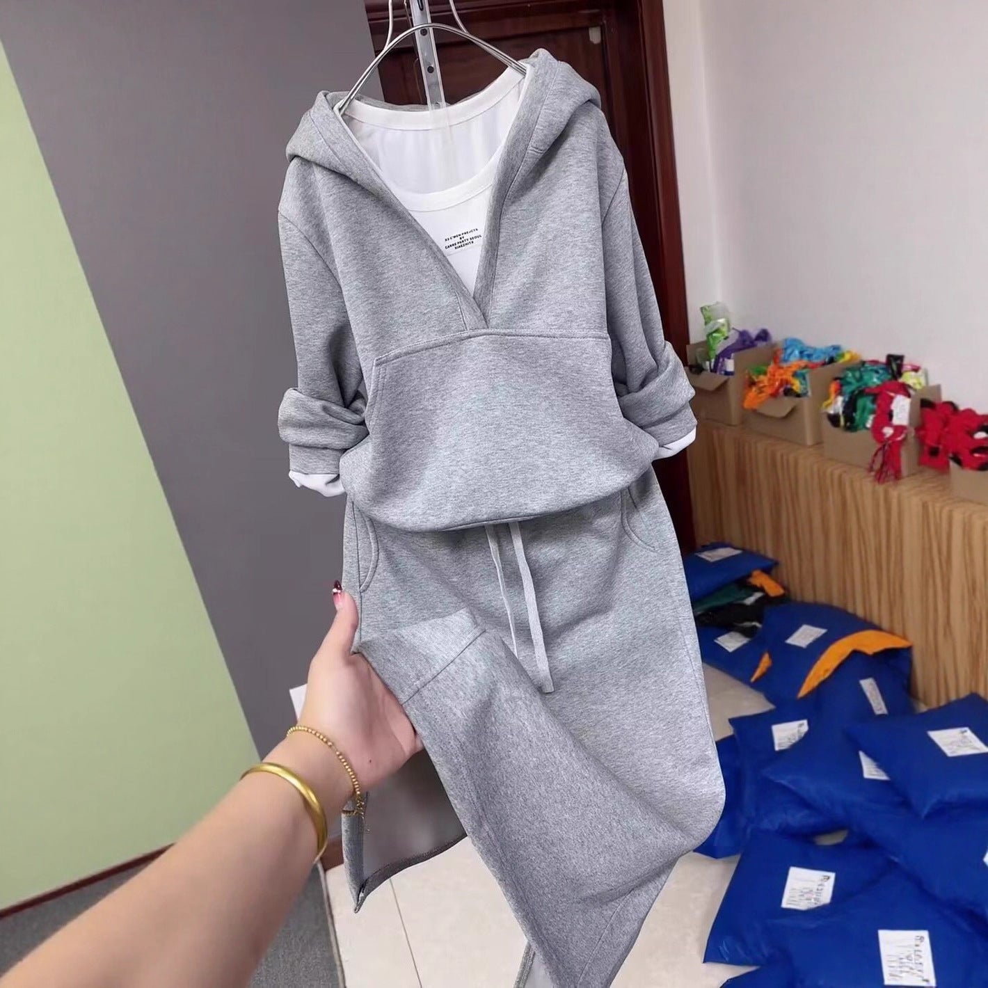 Casual Hooded Sweatshirt Dress Set for Women  Three-Piece Outfit, Slim-Fit Skirt, Autumn and Spring Season