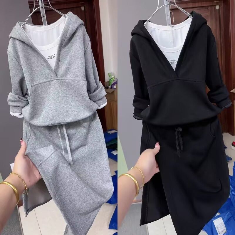 Casual Hooded Sweatshirt Dress Set for Women  Three-Piece Outfit, Slim-Fit Skirt, Autumn and Spring Season
